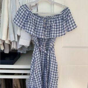 Anthropologie Blue Gingham Off-Shoulder Midi Dress